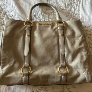 Miu Miu Taupe Leather Tote with Gold Accents